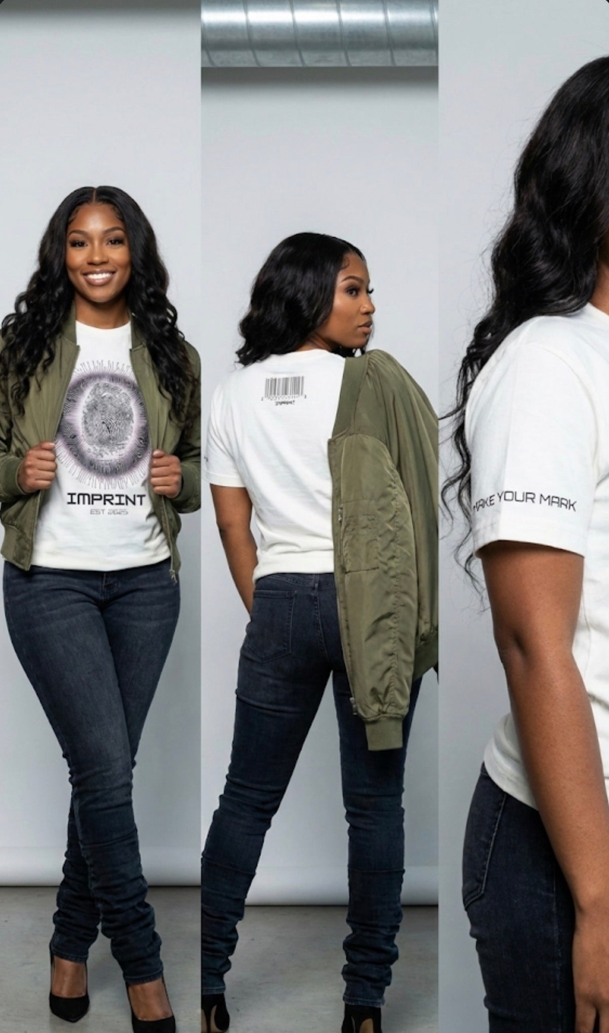 IMPRINT "Leave Your Mark" Unisex White T-Shirt – Fingerprint & Barcode Streetwear (With or Without Bling)