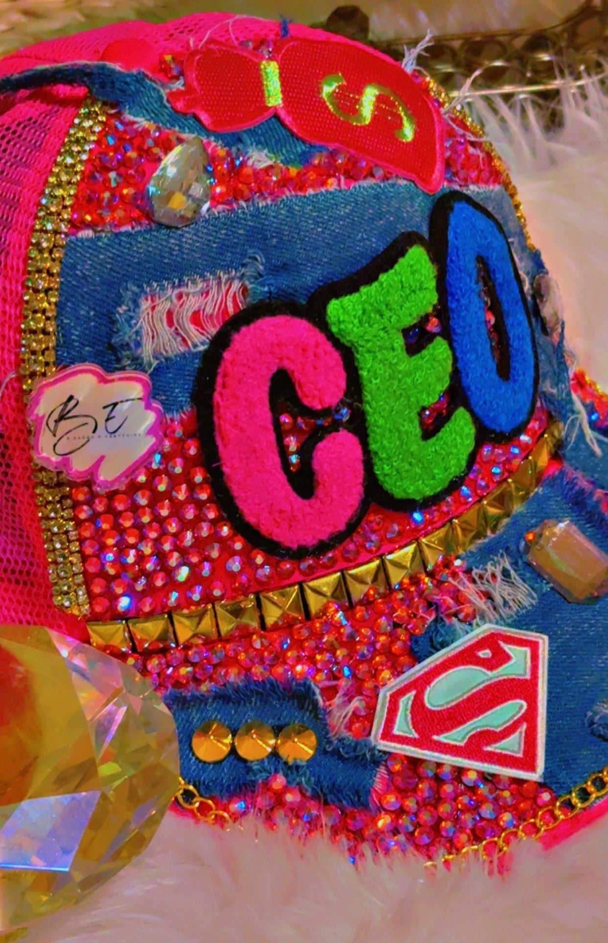 Custom CEO Trucker Hat – Rhinestones, Denim & Bold Streetwear Style - ✨ B.eaded E.verything by "The Croc Doc" 💕🐊