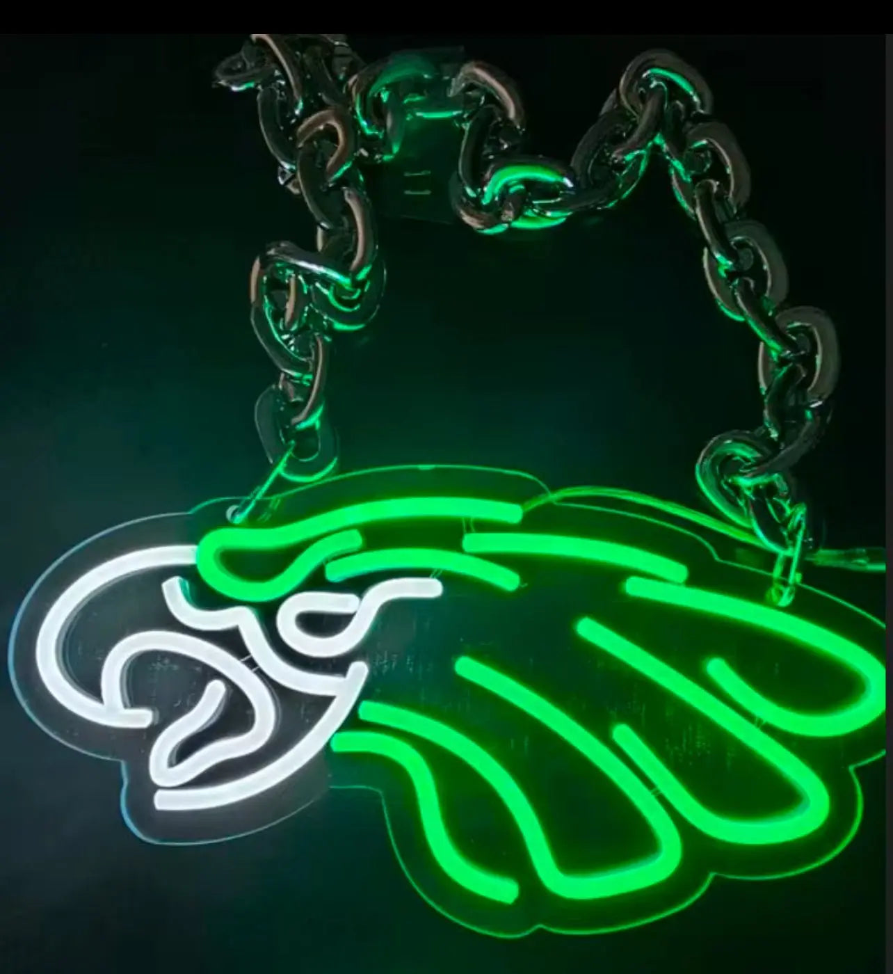 Luxury Eagles LED sports chain with green lights & bling – oversized fan pendant, perfect for game day & tailgate style! 🦅💚