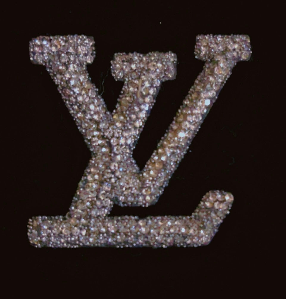 Silver LV-inspired patch for DIY fashion & custom accessories, perfect for shoes, bags, & clothing. Bold luxury design with quick shipping. Ideal for fashionistas & creative crafters