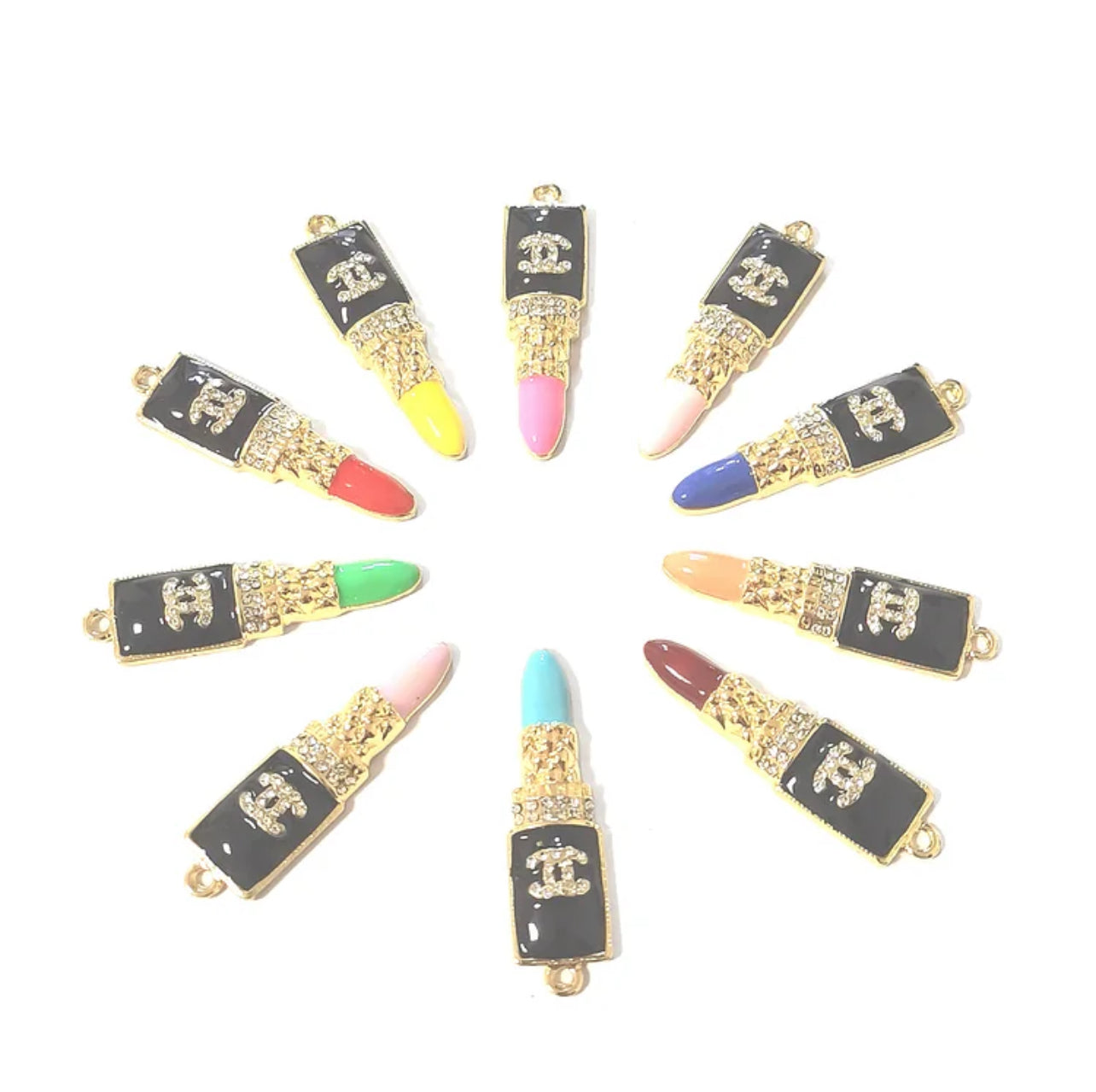 Gold Colorful CC Lipstick Charm for creating bracelets, necklaces, keychains, purse charms, and shoe embellishments. Perfect for DIY crafters, fashion enthusiasts, and anyone seeking chic, designer-inspired accessories.