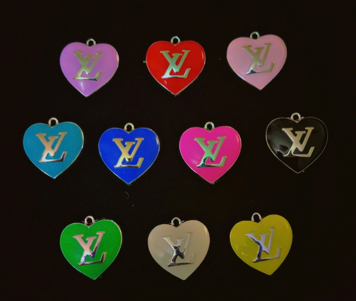 Vibrant LV Heart charm for bracelets, necklaces, keychains, purse accents, and shoe customization. Designer-inspired luxury accessory for DIY crafters, fashion lovers, and gift shoppers.