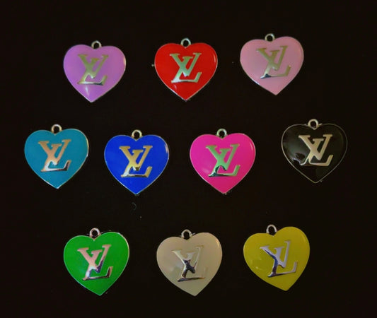 Vibrant LV Heart charm for bracelets, necklaces, keychains, purse accents, and shoe customization. Designer-inspired luxury accessory for DIY crafters, fashion lovers, and gift shoppers.