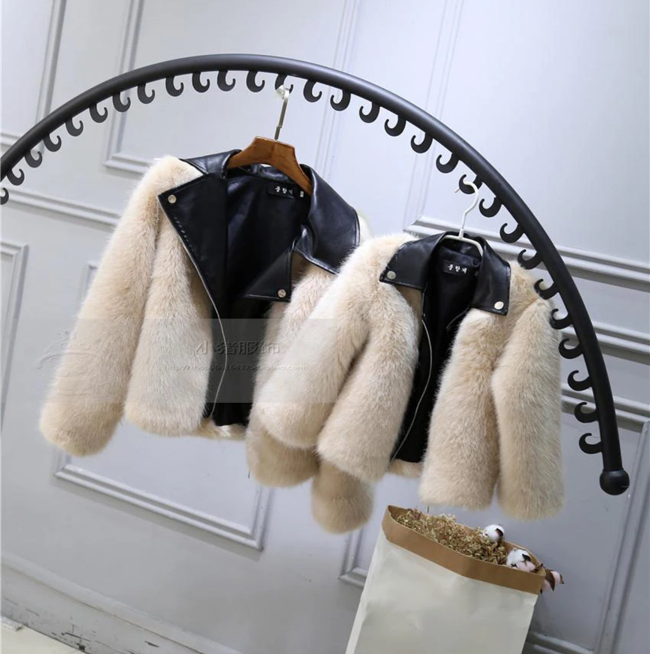 Beige Faux Fur and Leather Moto Jacket for Kids