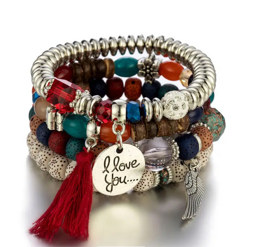 Beaded Tassel Charm Bracelet Stack – Multi-Layered Boho Wrist Candy