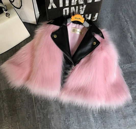 Pink Faux Fur and Leather Moto Jacket for Kids