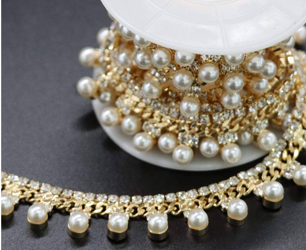 🌟 Elegance in Every Strand: Pearl Tassel Rhinestone Trim (GOLD) ✨💎