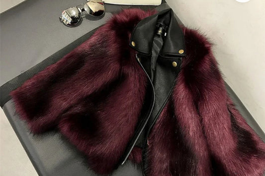 Burgundy Faux Fur and Leather Moto Jacket for Kids