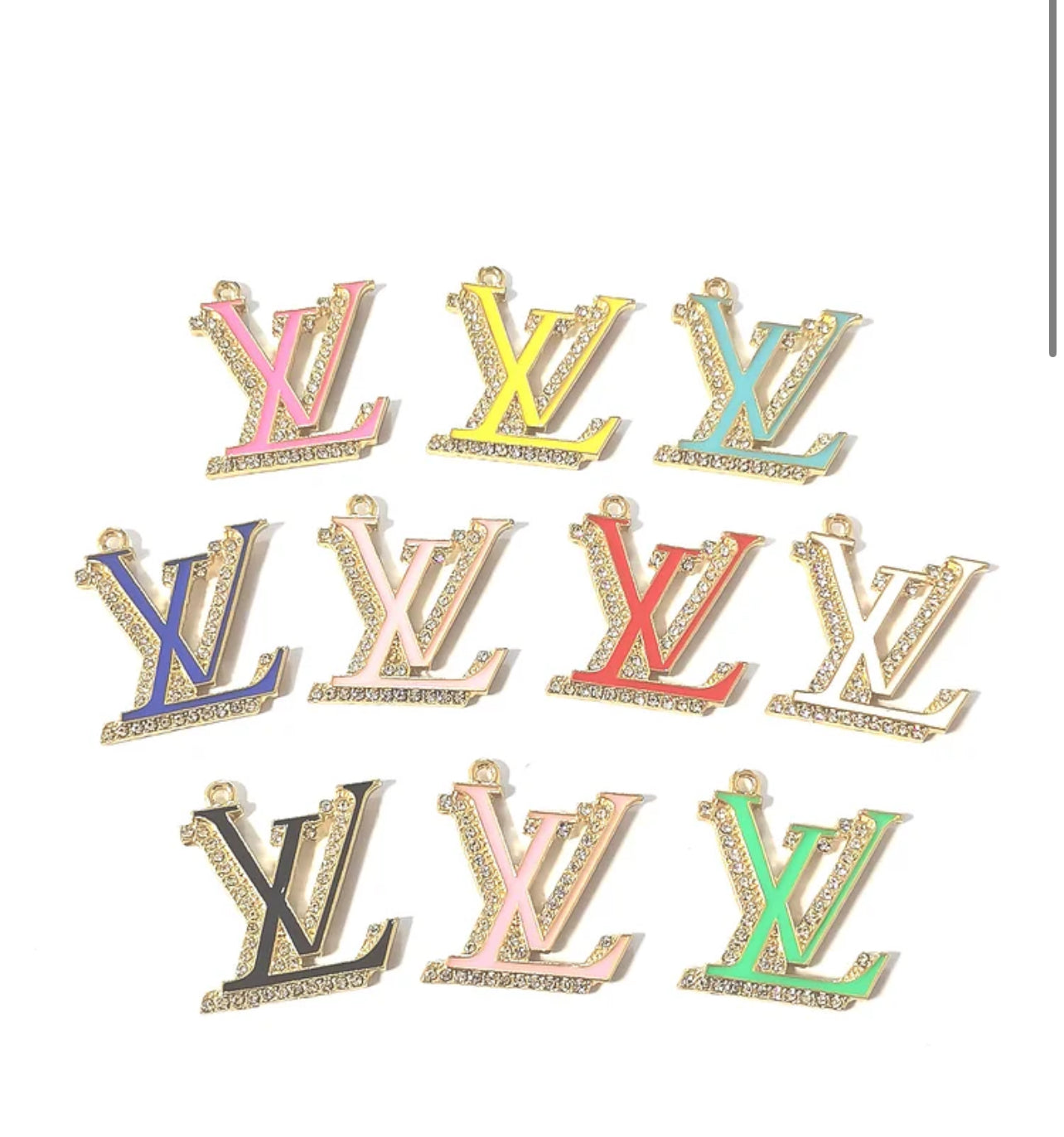 GOLD Big Colorful Rhinestone LV Charm for creating bracelets, necklaces, keychains, purse charms, and shoe embellishments. Perfect for fashion enthusiasts, DIY crafters, and luxury-seekers who want bold, designer-inspired accessories.