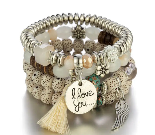 Beaded Tassel Charm Bracelet Stack – Multi-Layered Boho Wrist Candy