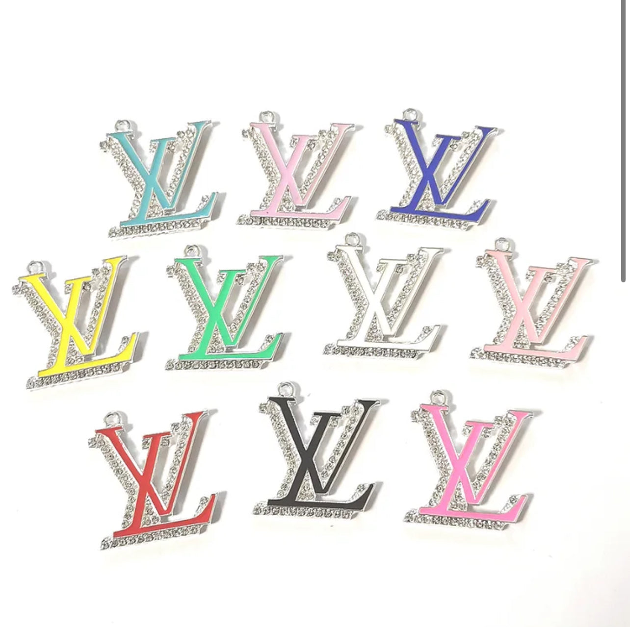 Big Colorful Rhinestone LV Charm for creating bracelets, necklaces, keychains, purse charms, and shoe embellishments. Perfect for fashion enthusiasts, DIY crafters, and luxury-seekers who want bold, designer-inspired accessories. 