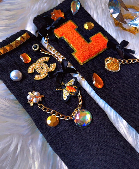 ✨ Gaudy Junkie Jeweled Sock WITH Designer logos AND Initial  ✨