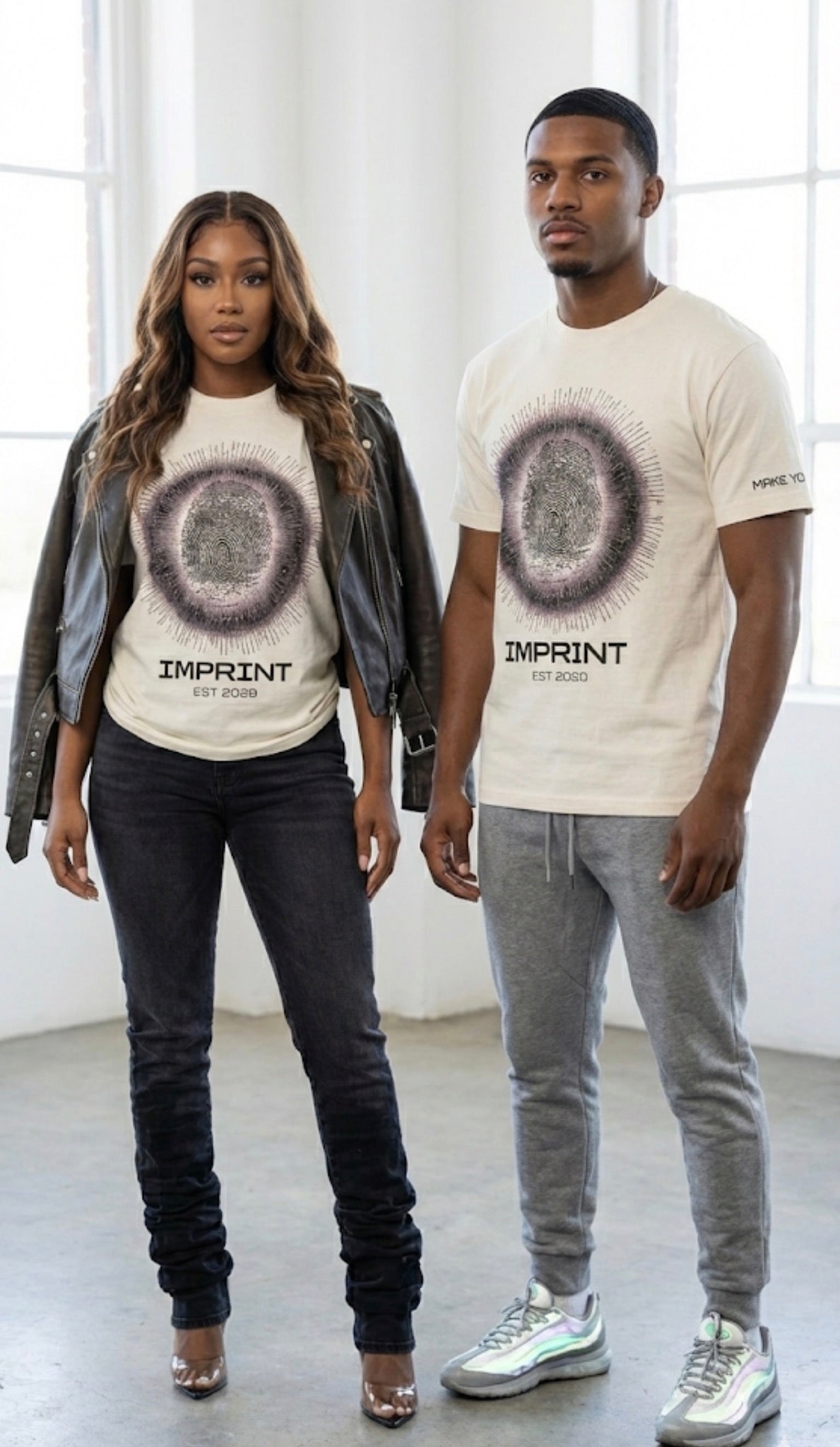 IMPRINT "Leave Your Mark" Unisex White T-Shirt – Fingerprint & Barcode Streetwear (With or Without Bling)
