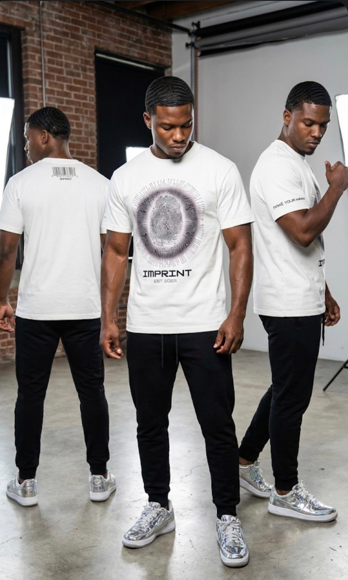 IMPRINT "Leave Your Mark" Unisex White T-Shirt – Fingerprint & Barcode Streetwear (With or Without Bling)