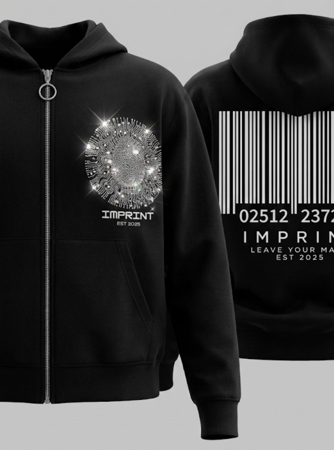 IMPRINT Zip-Up Hoodie – Front & Back DTF Print | Optional Rhinestone Bling