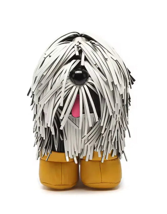 Luxe plush Boots the Shaggy Pup purse with fringe and mini boots, soft dog-shaped handbag