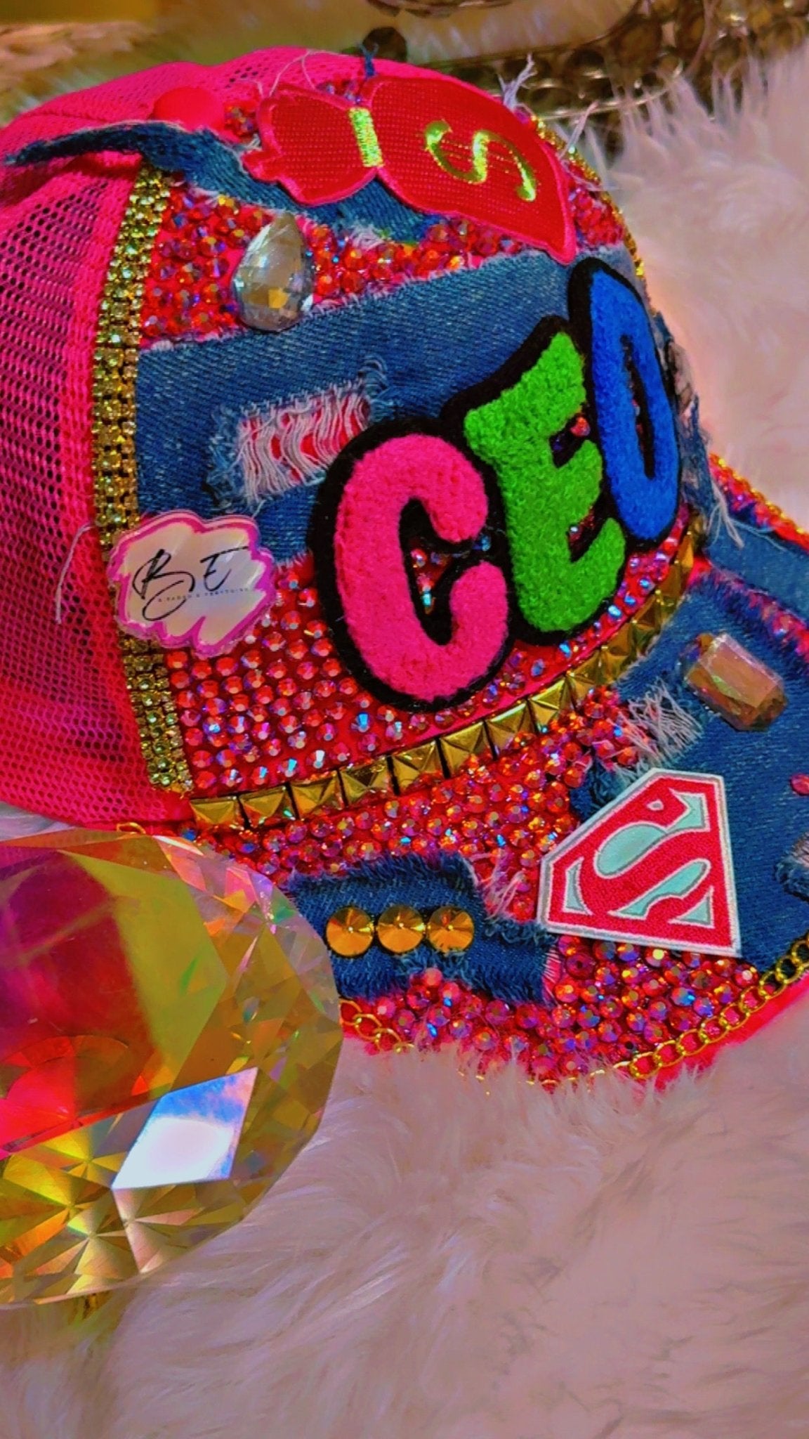 Custom CEO Trucker Hat – Rhinestones, Denim & Bold Streetwear Style - ✨ B.eaded E.verything by "The Croc Doc" 💕🐊