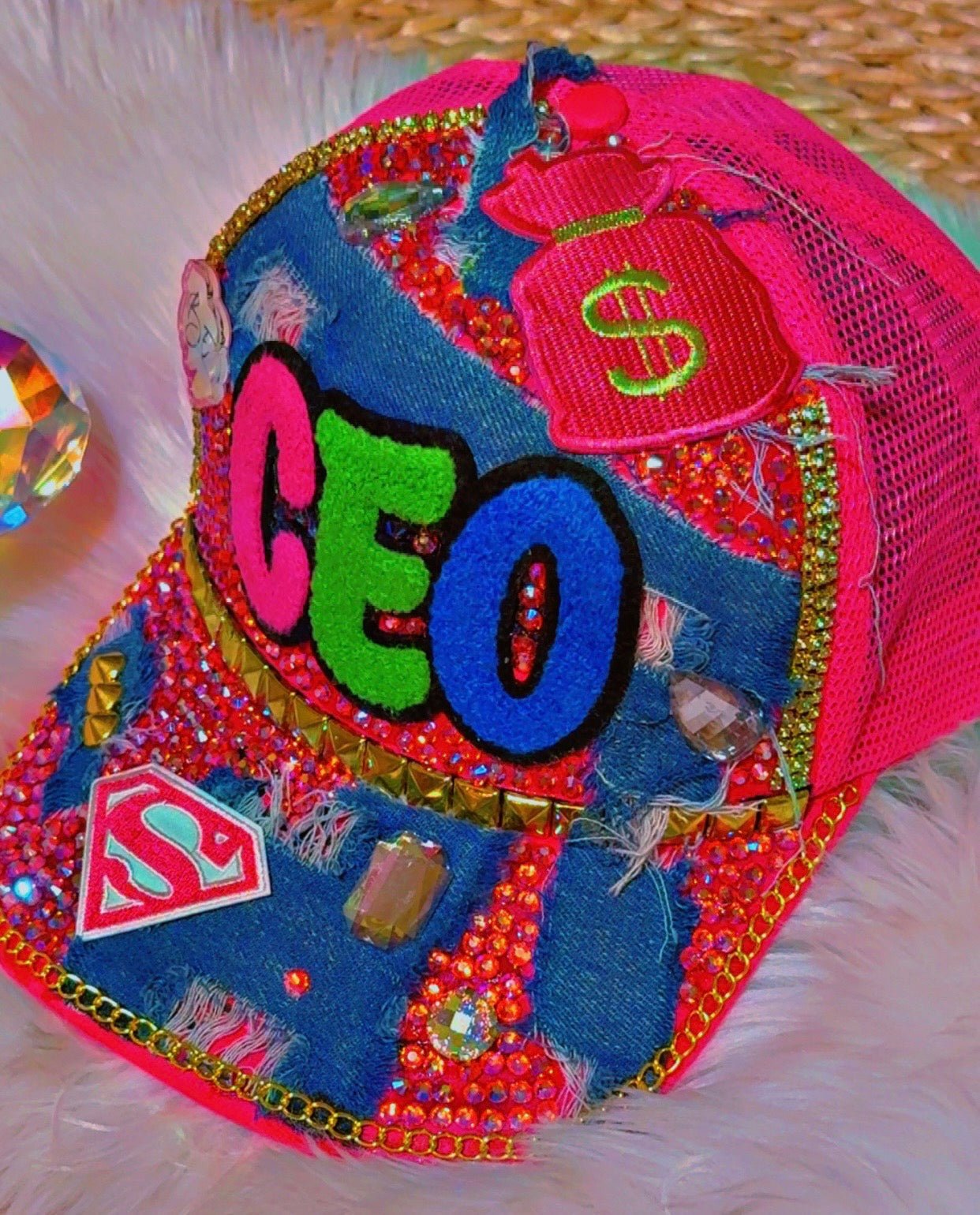 Custom CEO Trucker Hat – Rhinestones, Denim & Bold Streetwear Style - ✨ B.eaded E.verything by "The Croc Doc" 💕🐊
