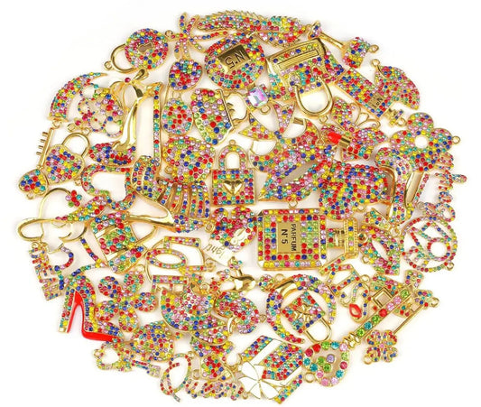 Gold-Plated Multi-Color Rhinestone Bling Charm Sets available in 5, 10, or 20 pieces – perfect for DIY jewelry, Crocs, and accessories
