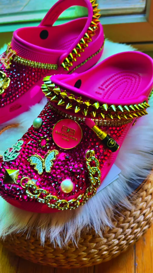 Custom Pink Crocs with Designer Charms, Gold Embellishments, and Spikes