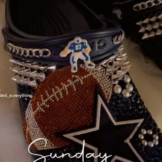 Dallas Cowboys '100' custom Crocs adorned with patch, rhinestones, spikes, chains, jibbitz, and beads for a unique fan statement