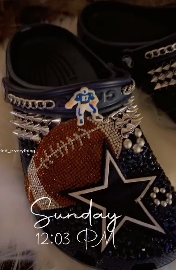 Dallas Cowboys '100' custom Crocs adorned with patch, rhinestones, spikes, chains, jibbitz, and beads for a unique fan statement