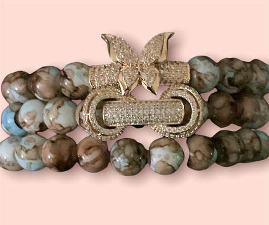 ALLURE' Beaded Bracelet Set: Soft Blue and Brown Marbled Beads with C.Z. Encrusted Silver Butterfly